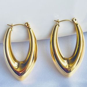18k Gold Hoop earring| Hollow V Oval Hoop earrings|  Statement Hoop Earring